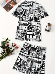 Anime Print Two piece Shorts Set Top & Casual Shorts