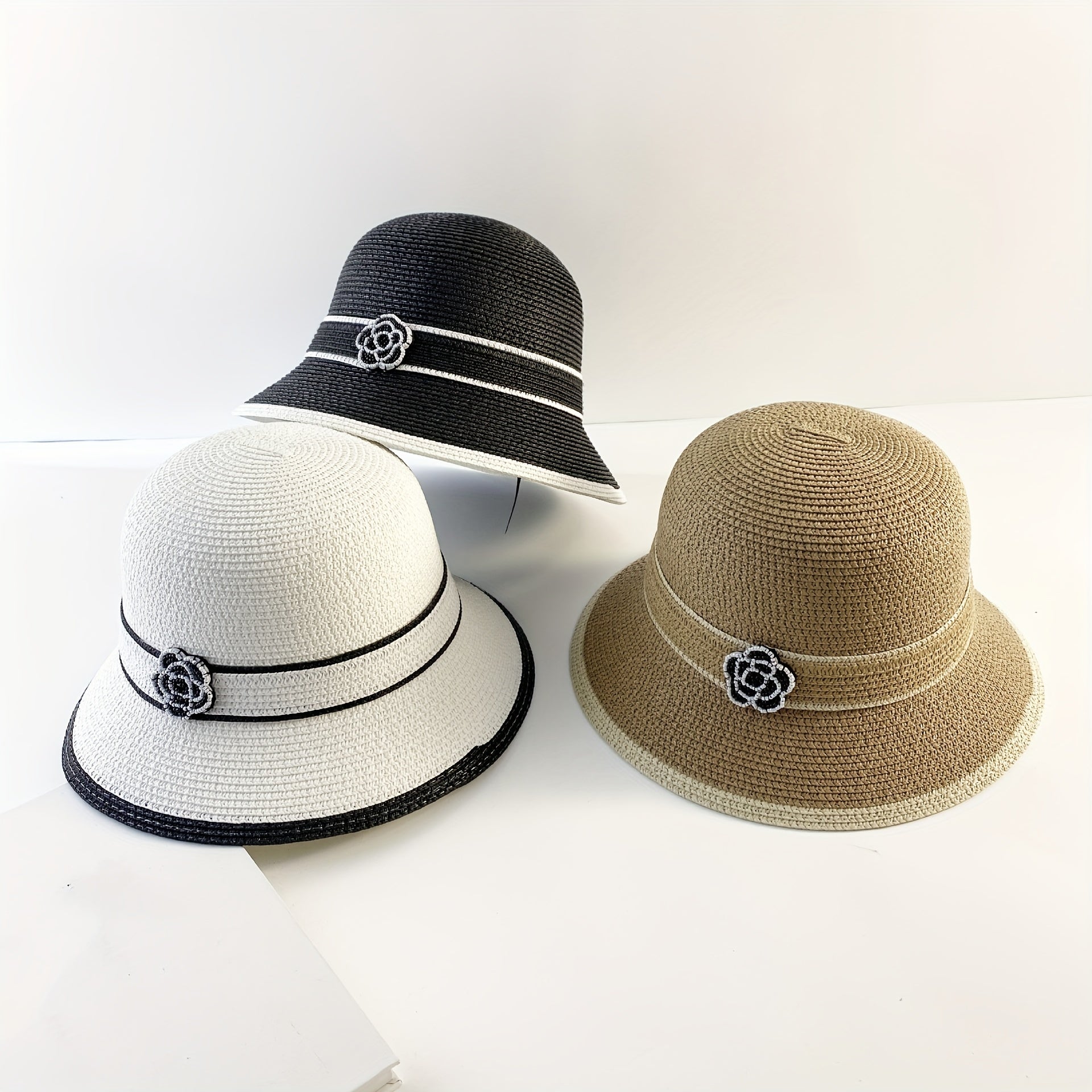 Camellia Straw Sun Hat Striped Bucket Hats Outdoor Travel Beach Hats For Women