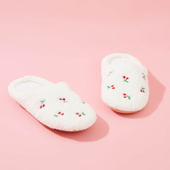 Cherry Embroidery Fluffy Indoor Slippers Women's House Shoes