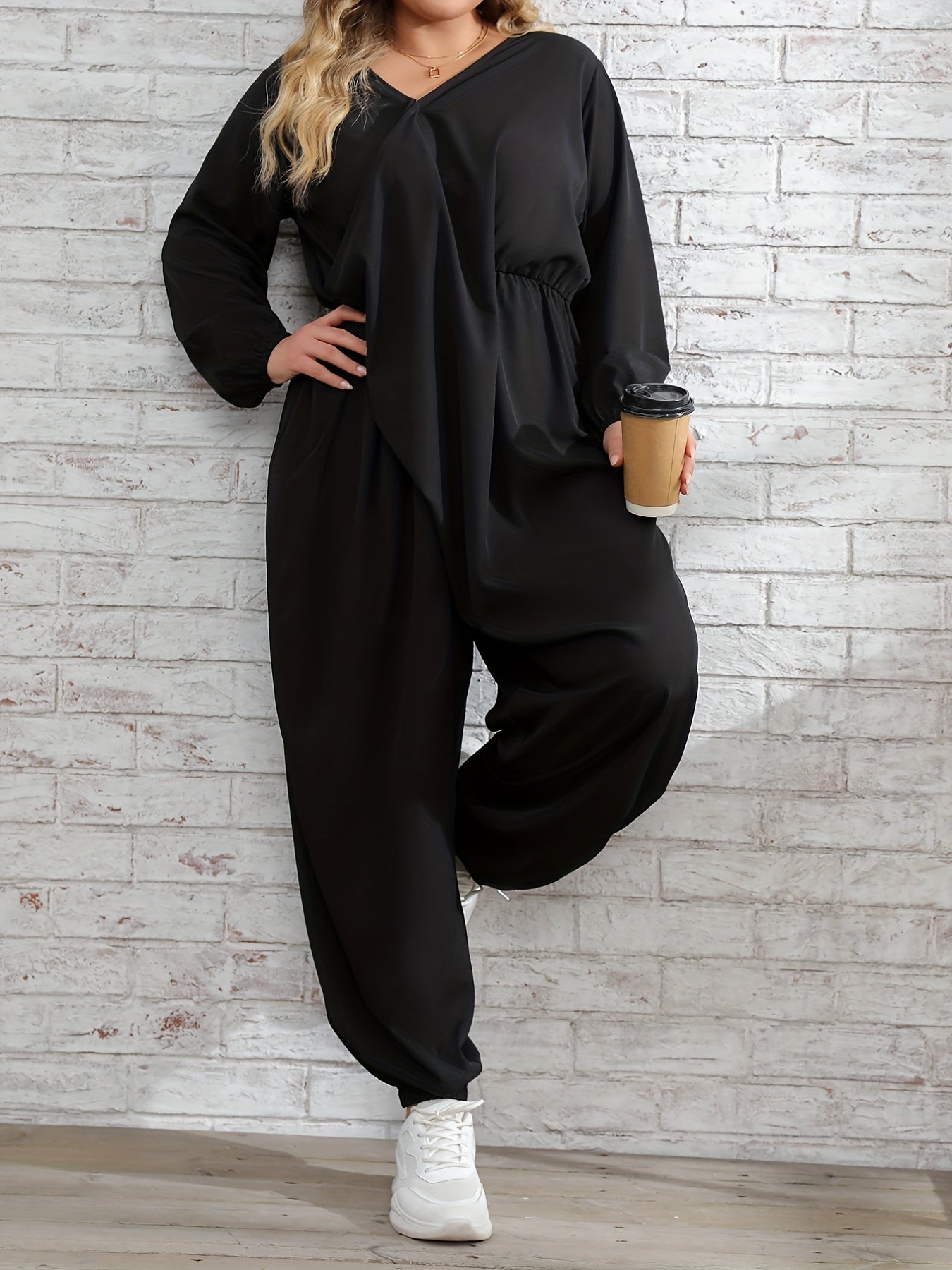 Solid Long Sleeve V Neck Jumpsuit