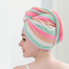 Rainbow Striped Hair Drying Cap Soft Coral Velvet Hair Towel
