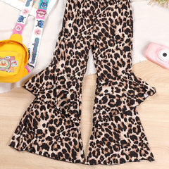 Leopard Print Flare Pants with Ruffle Trim for Girls