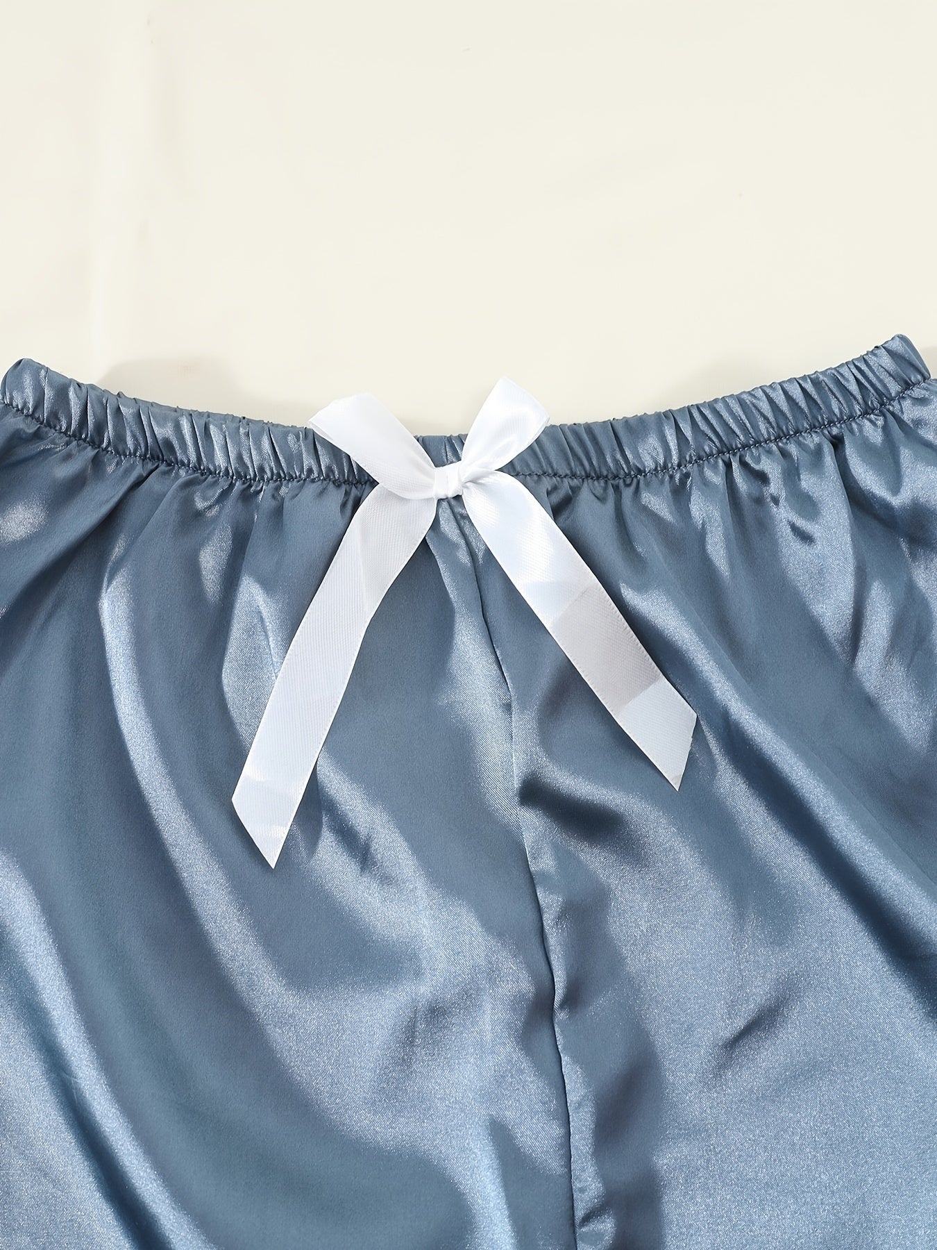 Solid Satin Pajamas Set Short Sleeve Buttons Top & Bow Pants
