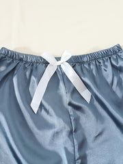 Solid Satin Pajamas Set Short Sleeve Buttons Top & Bow Pants