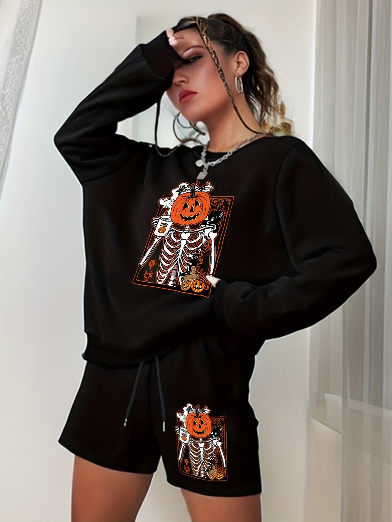 Halloween Graphic Print Sweatshirt & Shorts Set