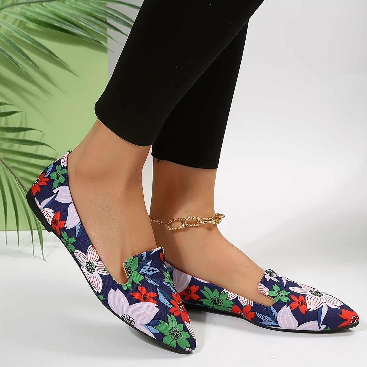 Floral Print Flat Shoes Pointed Toe Slip On Comfy Flats