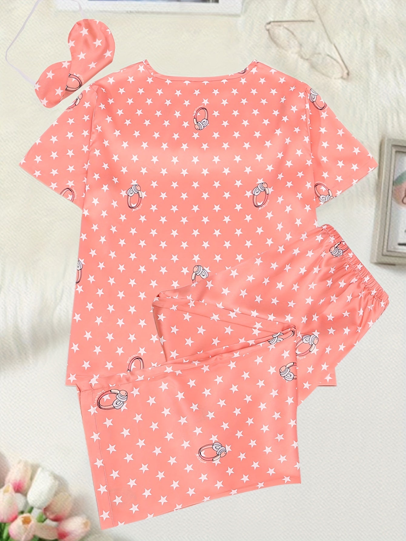 Casual Pajama Set Women's Plus Star & Ring Print Tee & Pants