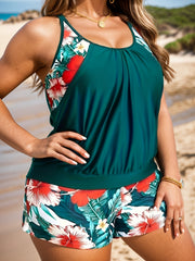 Colorblock Tropical Print Tankini Set