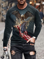 Eagle & Flag Print Men's Long Sleeve Tee for Autumn