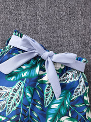 2pcs Girls Frilled Strap Top Tropical Belted Shorts Set