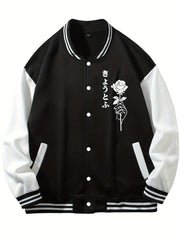 Rose Pattern Embroidery Varsity Jacket Men's Casual Block Button Up Jacket