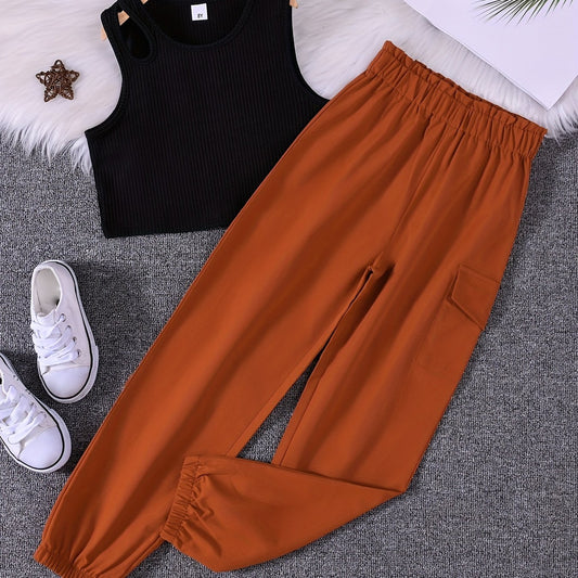 Girls Sleeveless Tank Top & Cargo Pants Set Kids Summer Clothes
