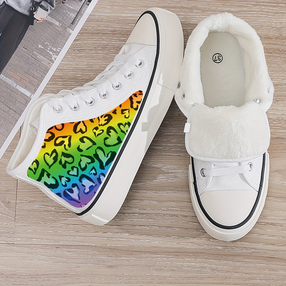 Leopard Heart Print Plush Lined Thermal Chunky Canvas Sneakers