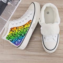 Leopard Heart Print Plush Lined Thermal Chunky Canvas Sneakers
