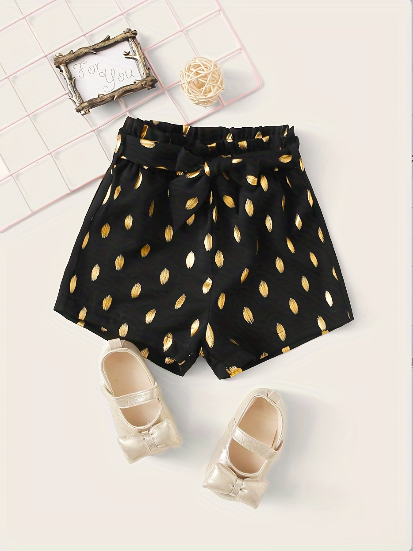 Girls Golden Polka Dots Print Bow Belted Shorts for Summer