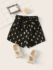 Girls Golden Polka Dots Print Bow Belted Shorts for Summer