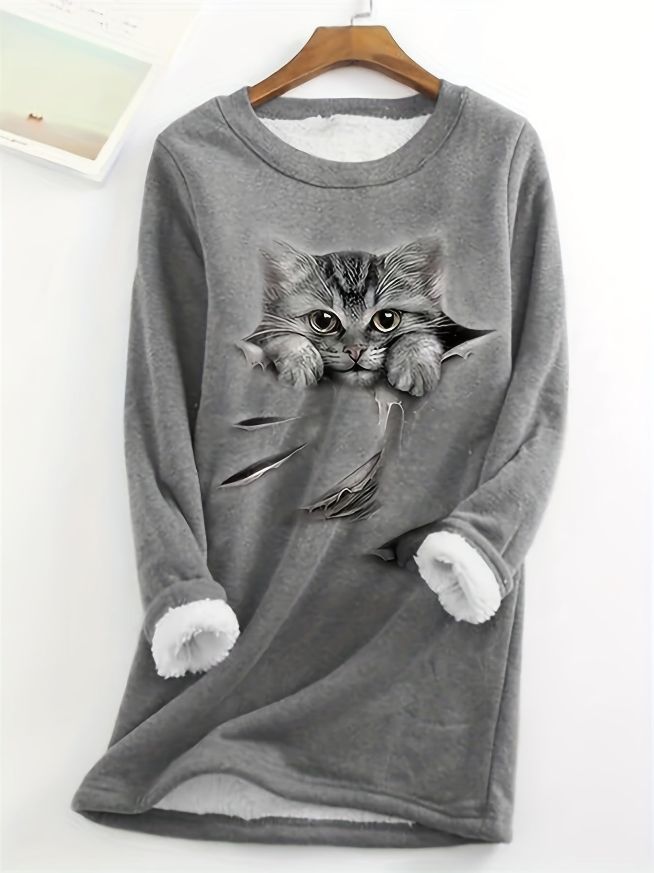 Cat Print Fuzzy Sweatshirt Long Sleeve Crew Neck Women's Clothing