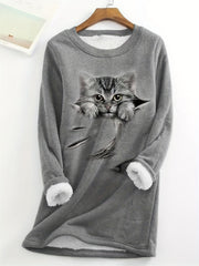 Cat Print Fuzzy Sweatshirt Long Sleeve Crew Neck Women's Clothing