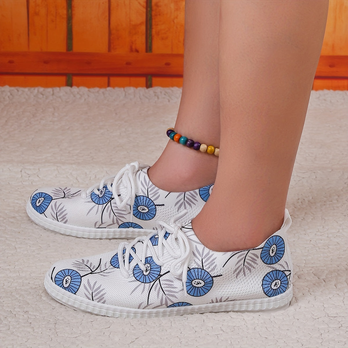 Women's Flower Pattern Sneakers Casual Lace Up Outdoor Shoes