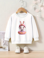 Bunny And Donut Print Girls Sweatshirt Crew Neck Tops