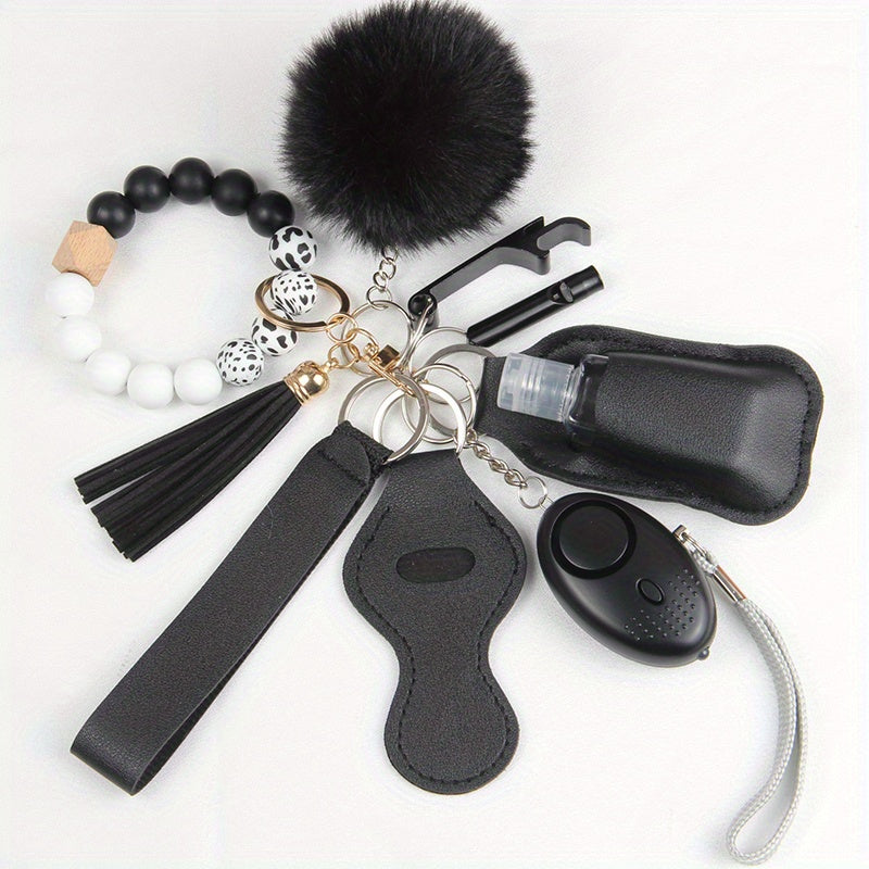 9Pcs Safety Keychain Set Women Alarm Silicone Bracelet Tassel Pompom