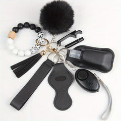 9Pcs Safety Keychain Set Women Alarm Silicone Bracelet Tassel Pompom