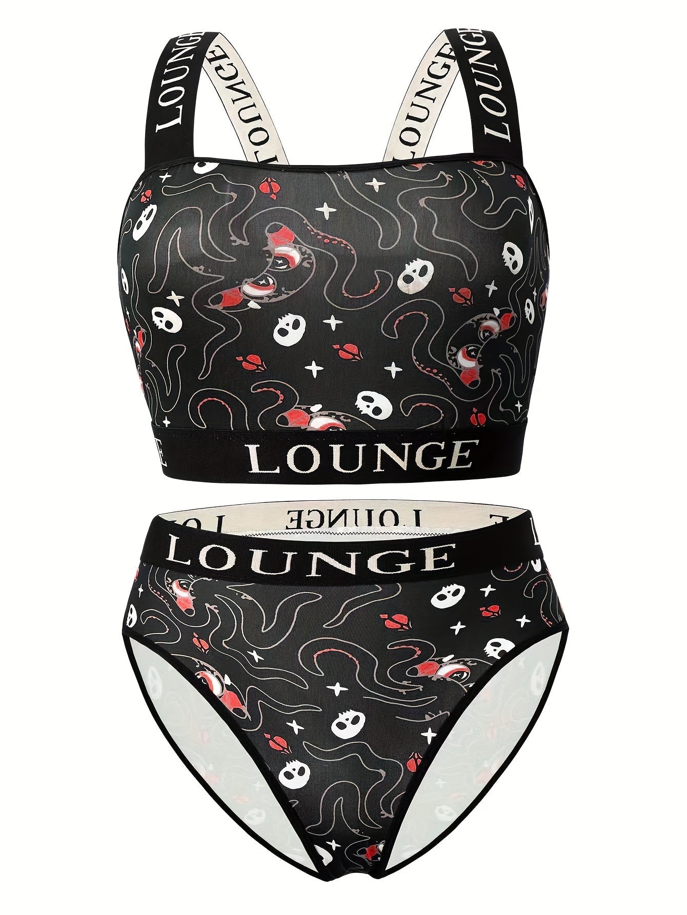 Gothic Halloween Underwear Set Octopus Skull Print Bra