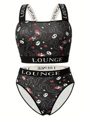 Gothic Halloween Underwear Set Octopus Skull Print Bra