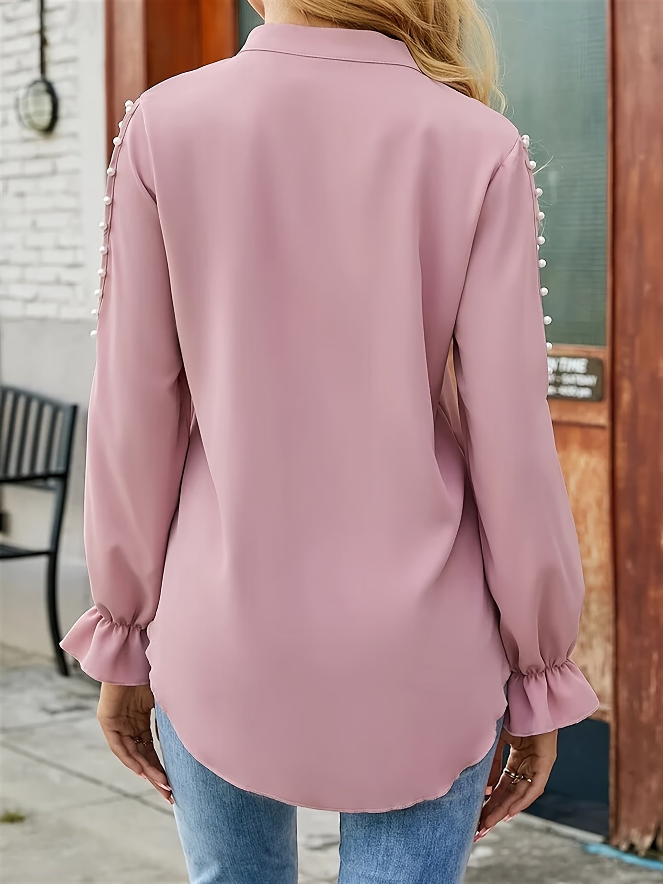 Blouse Women's Plus Solid Faux Pearl Decor Split Flounce Sleeve V Neck