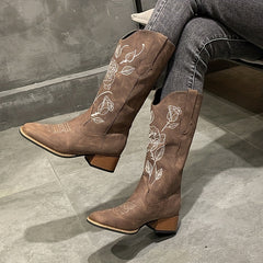 Western Embroidered Cowgirl Boots Chunky Heeled Mid Calf Boots