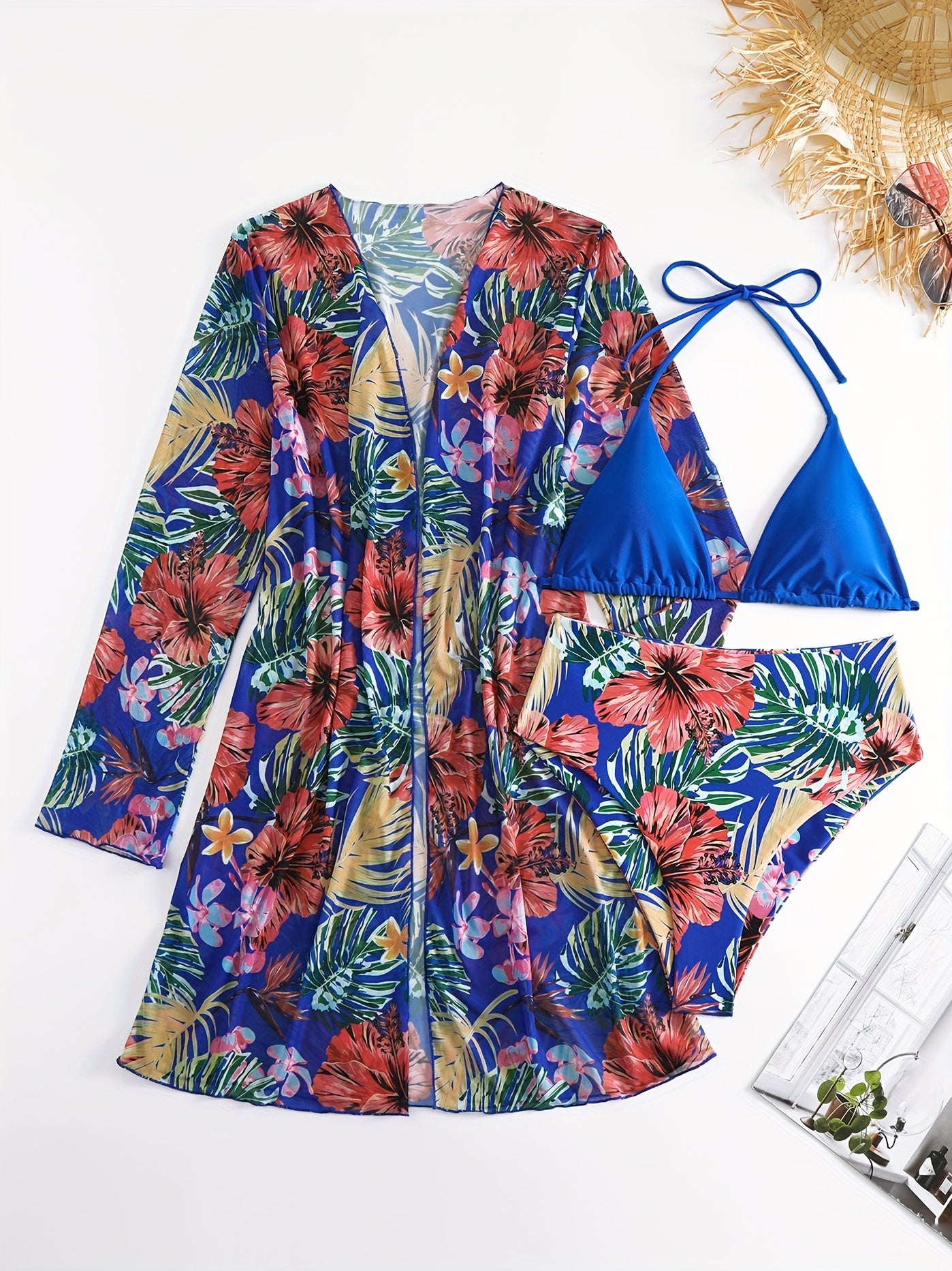 Tropical Print Bikini Halter V Neck Swimsuit Set Cover Up Shirt Women's Swimwear