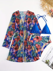 Tropical Print Bikini Halter V Neck Swimsuit Set Cover Up Shirt Women's Swimwear