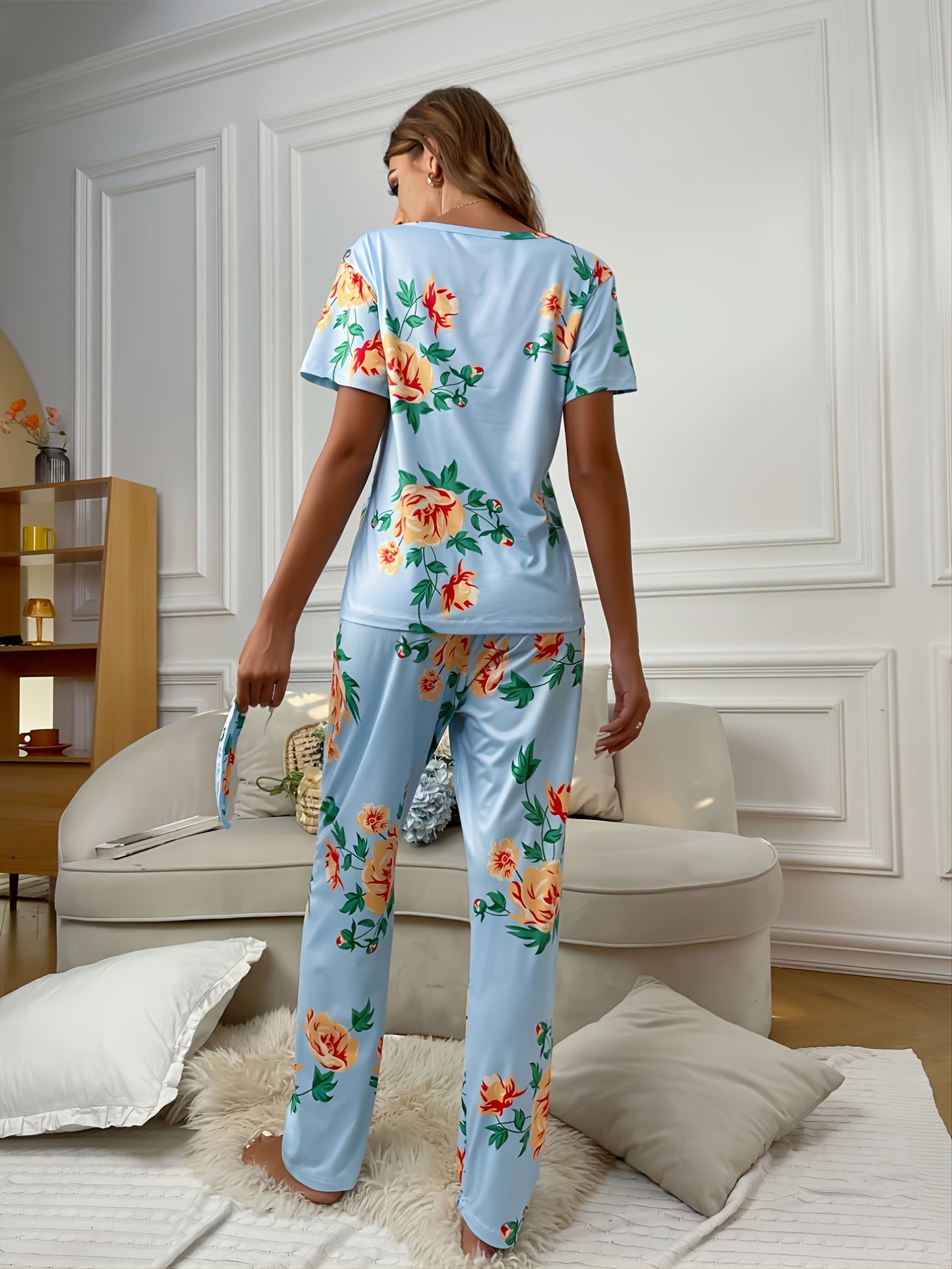 Floral Print Pajamas Set Short Sleeve Top & Pants