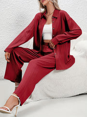 Solid Striped Two piece Set Button Front Shirt & Wide Leg Pants