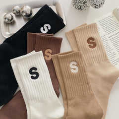 5 Pairs Letter S Embroidery Crew Socks for Women
