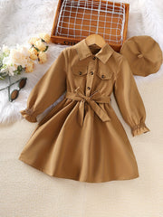 Girls' Casual Button Long Sleeve Tunic Shirt Dress With Hat Set