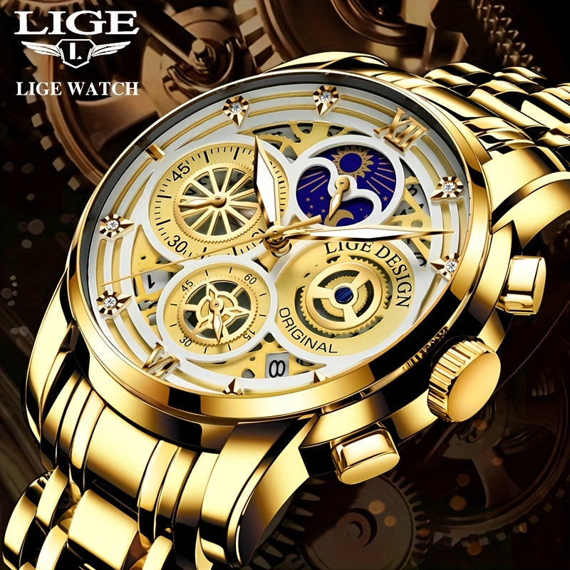 LIGE Boy's Sports Quartz Watch Full Steel Waterproof Chronograph