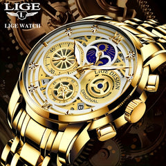 LIGE Boy's Sports Quartz Watch Full Steel Waterproof Chronograph