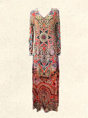 Ethnic Floral Print Maxi Dress V Neck Long Sleeve