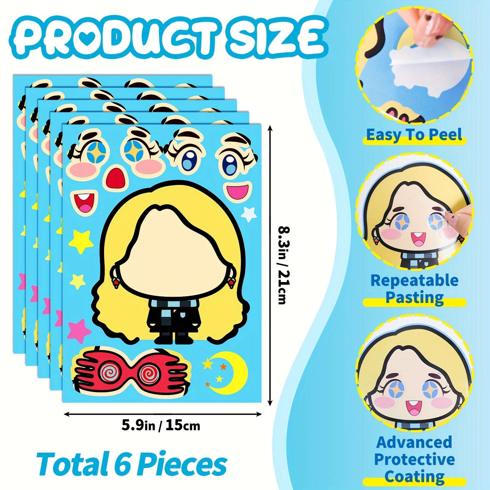 6pcs Graffiti Puzzle Stickers Big Head Cartoon Character Make A Face Stickers