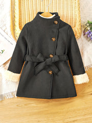 Baby Girls Solid High Neck Fleece Coat With Belt Kids Winter Jacket