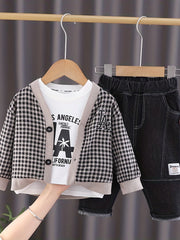 Boys Casual Outfit Long Sleeve T Shirt & Jeans Pants & Cardigan Coat