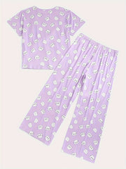 Cat Print Pajama Set Round Neck Top & Pants