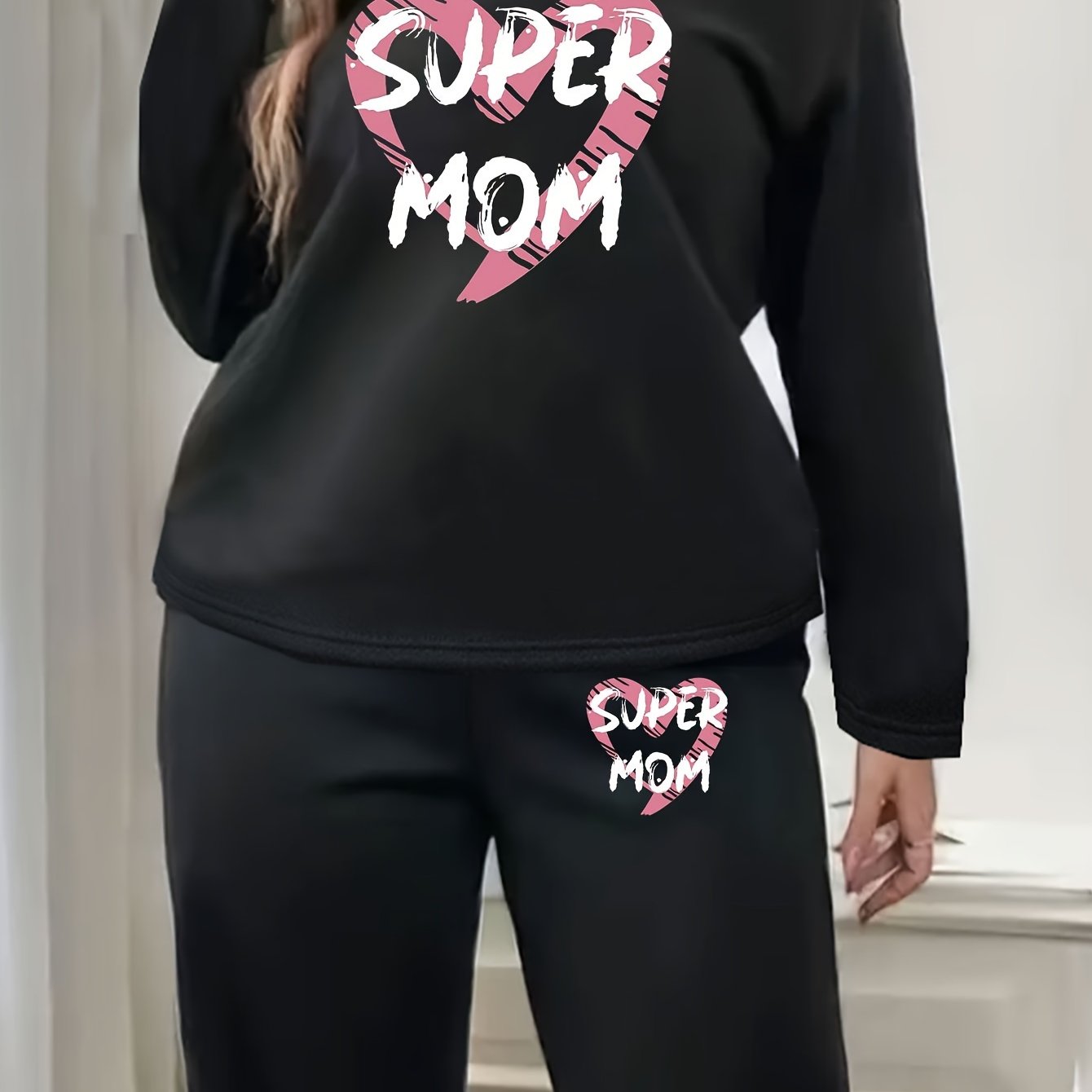 Heart & Art Print Fleece Lounge Set Long Sleeve Top & Joggers Pajamas