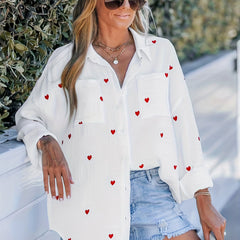 Heart Print Button Up Long Sleeve Blouse