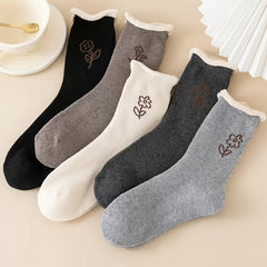5 Pairs Women's Winter Floral Pattern Mid Calf Socks