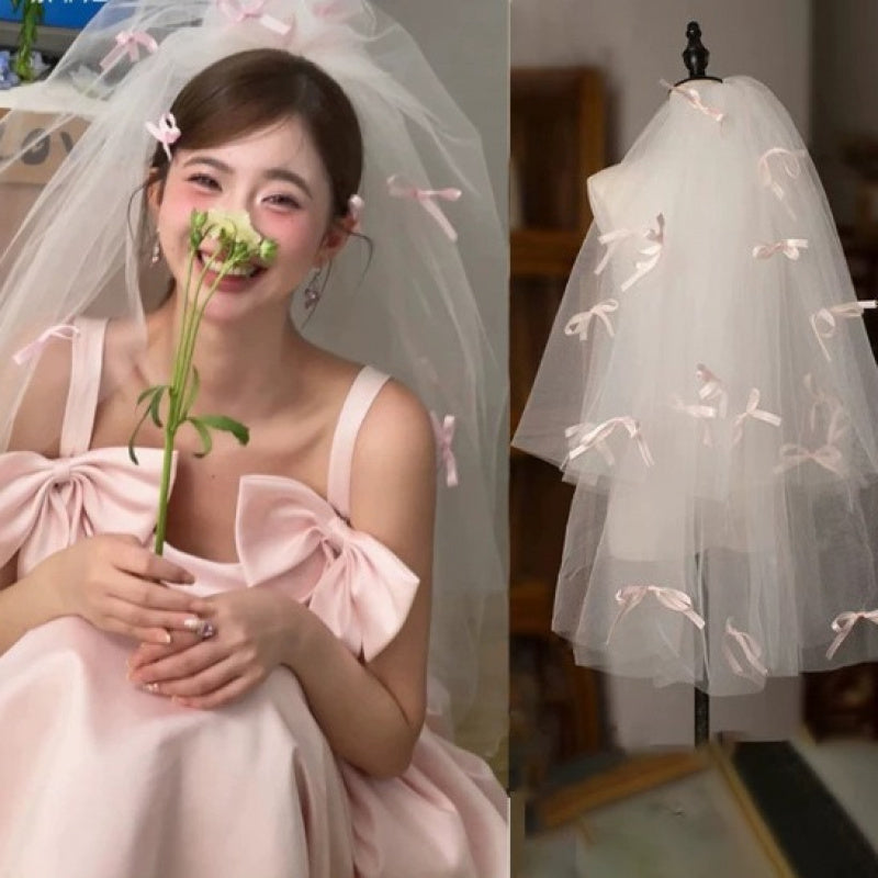 Ultra Bridal Veil Pink Double Layer Tulle Headpiece for Wedding
