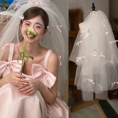 Ultra Bridal Veil Pink Double Layer Tulle Headpiece for Wedding