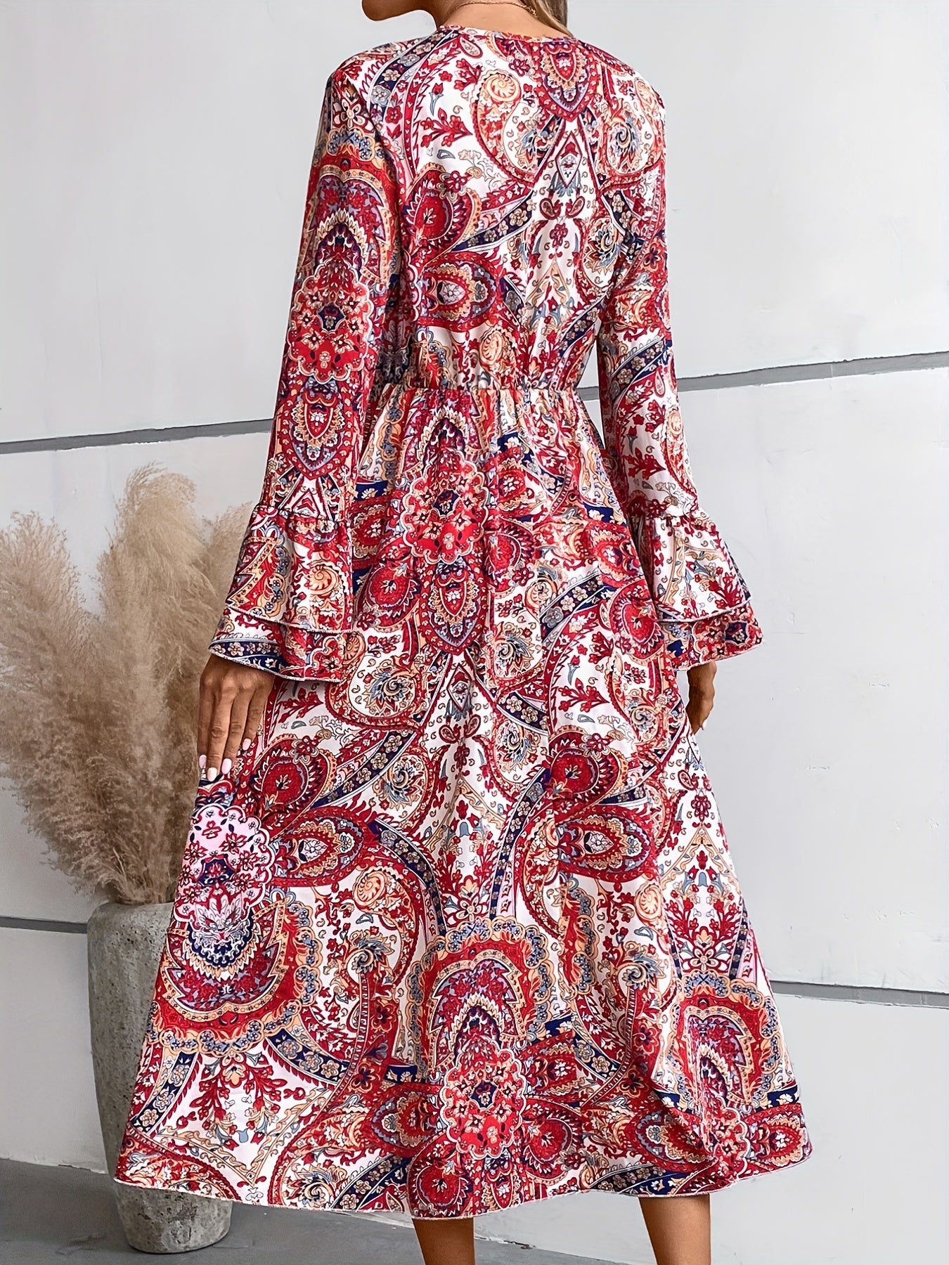 Ethnic Print Midi Dress Boho V Neck Layered Long Sleeve Dress