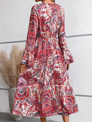 Ethnic Print Midi Dress Boho V Neck Layered Long Sleeve Dress